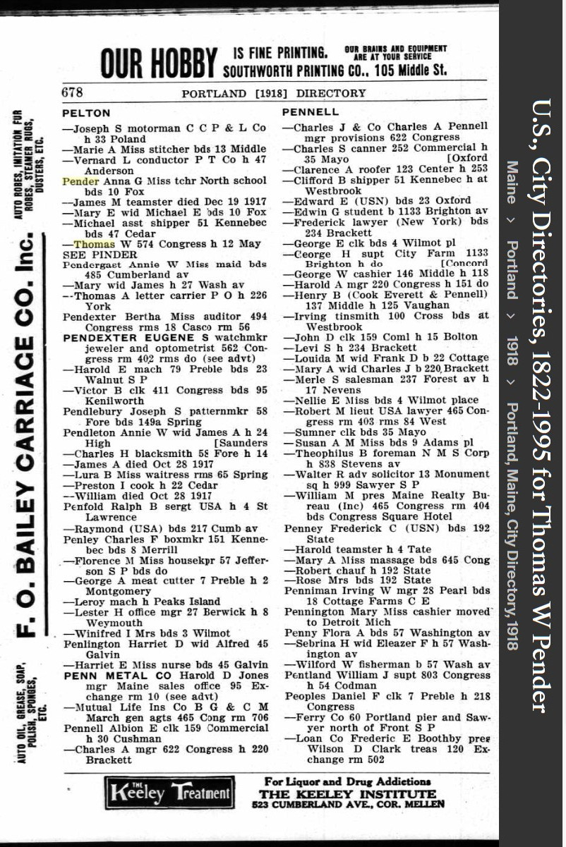 Thomas William Pender Sr --U.S., City Directories, 1822-1995(1918)