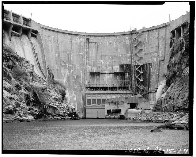 24. CLOSE-UP VIEW OF HORSE MESA DAM. HEFU PENSTOCK IS AT...