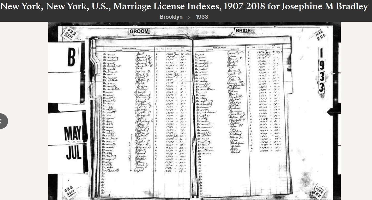 Josephine M (Bradley) Gulliver--New York, New York, U.S., Marriage License Indexes, 1907-2018(1933)