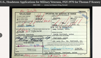 Thomas Francis Keaney --U.S., Headstone Applications for Military Veterans, 1925-1970