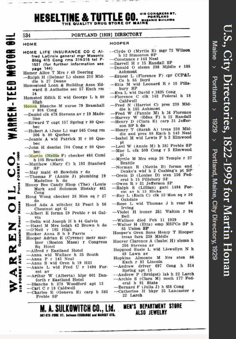 Martin Matthew Honan Sr--U.S., City Directories, 1822-1995(1929)