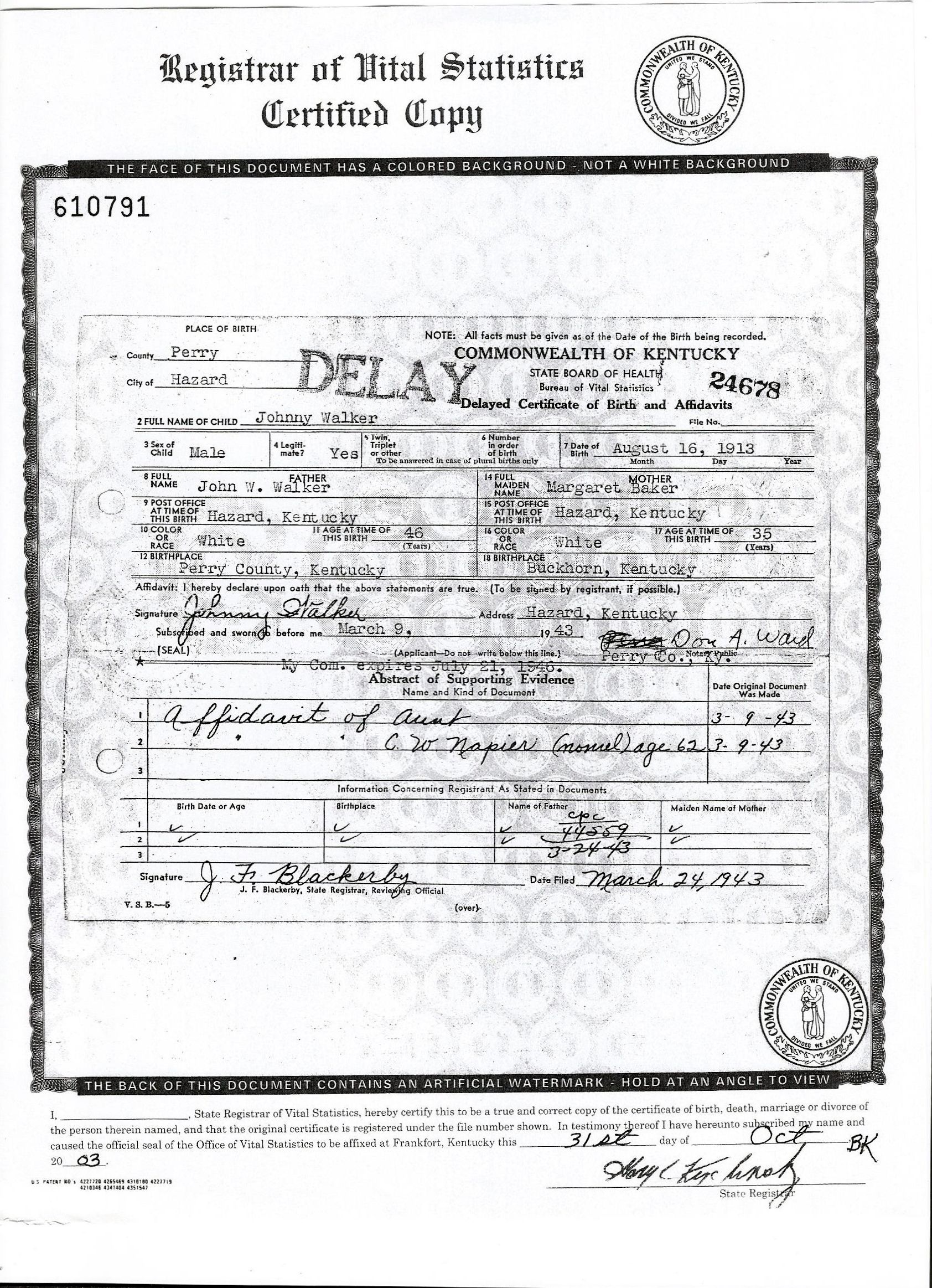 John Walker birth certificate