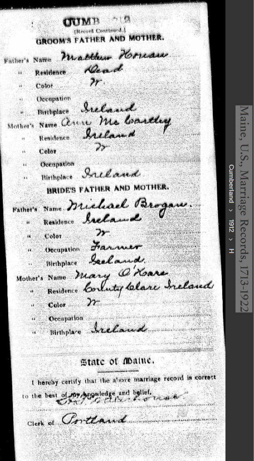 Ellen Theresa Brogan-Honan--Maine, U.S., Marriage Records, 1713-1922(1912)back