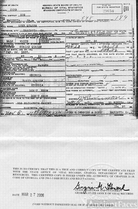 Death Certificate, Luke Qualls