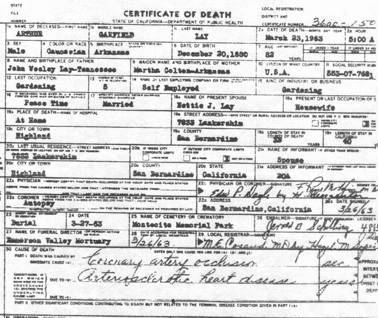 Death Certificate for A.G. Lay