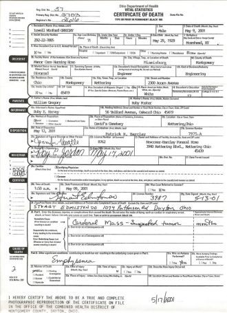Lowell Winford Gregory Death Certificate