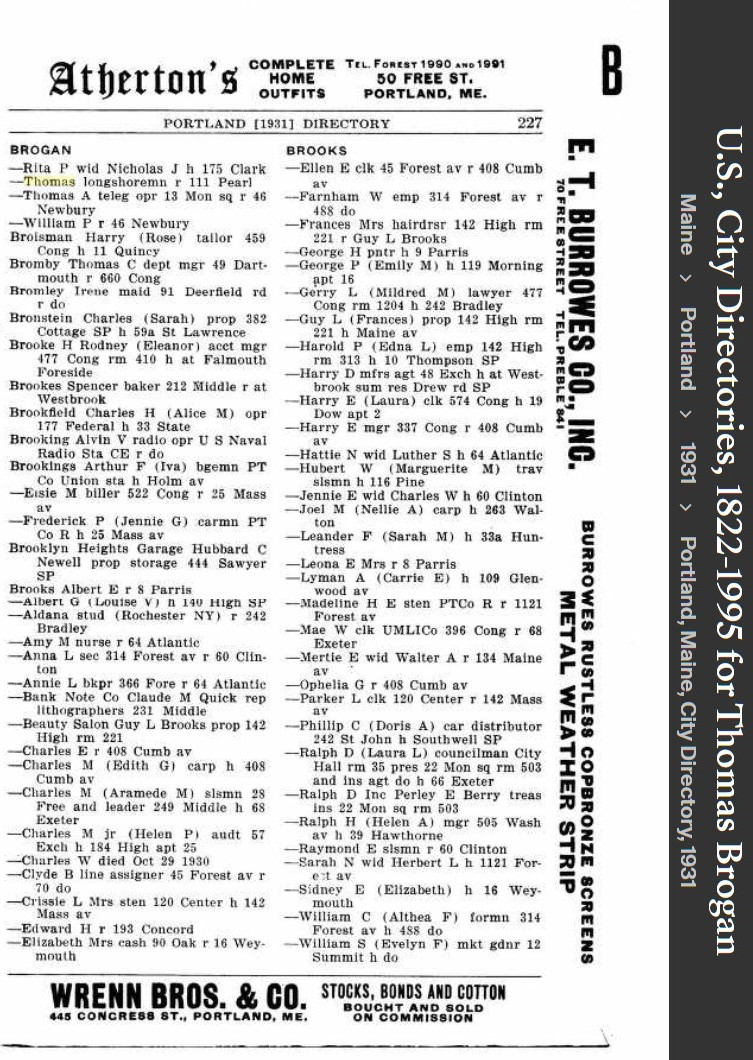 Thomas Michael Brogan --U.S., City Directories, 1822-1995(1931)