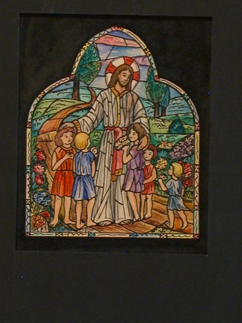 [Design drawing for stained glass window showing Christ...