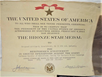 William H. Kruetzfeldt's US Army Bronze Star Medal Certificate