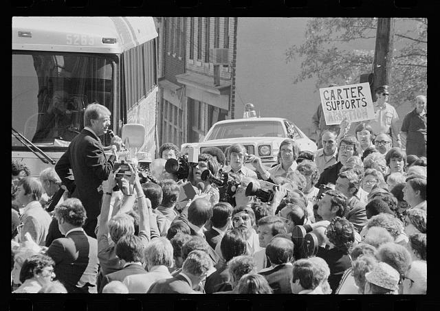 [Jimmy Carter speaking to a crowd at a campaign stop in...
