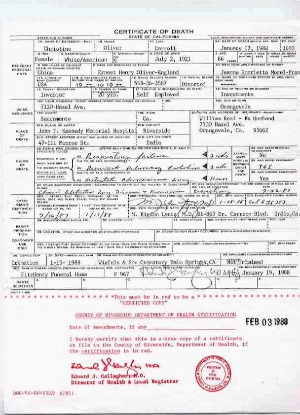 Christines Death Certificate