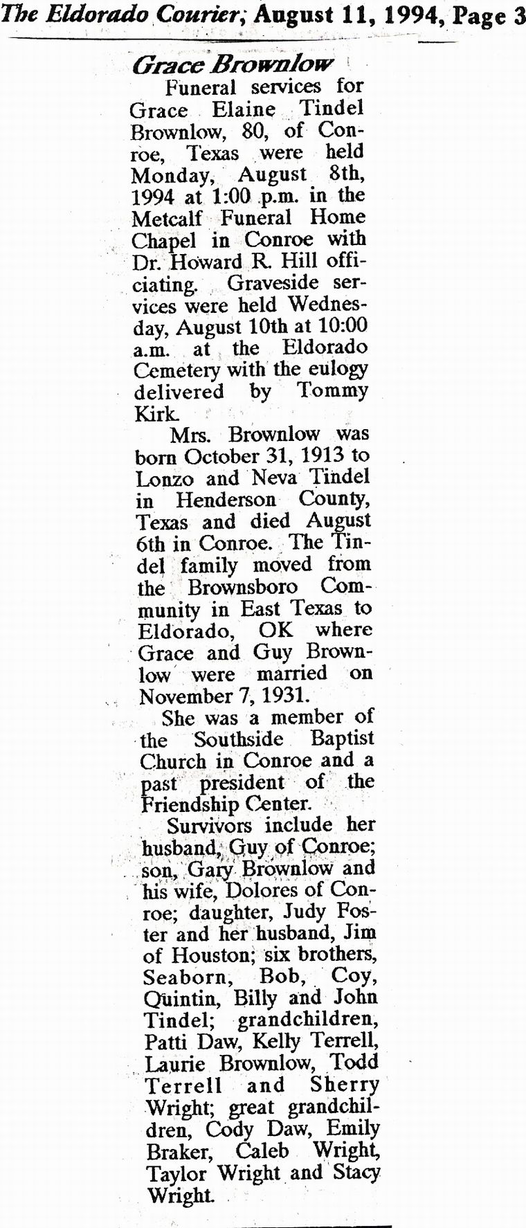Obituary of Grace E. Tindell Brownlow