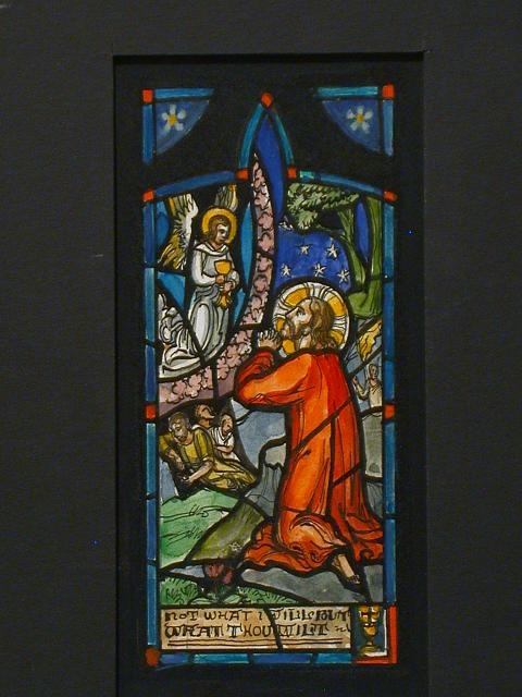 [Design drawing for stained glass window with text "Not...