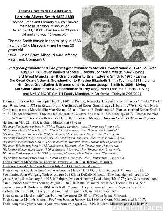 Thomas Smith 1807-1893 and Lorrinda "Laura" Silvers Smith 1822-1890 Married in 1830