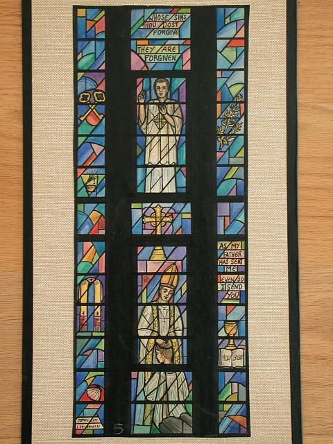 [Design drawing for stained glass window with priests,...