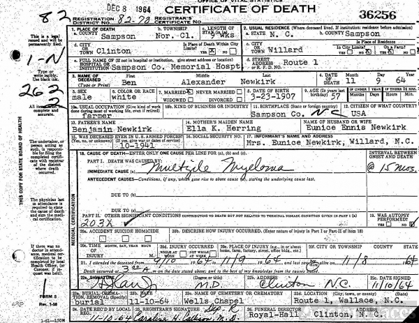 Benjamin Newkirk Death Certificate