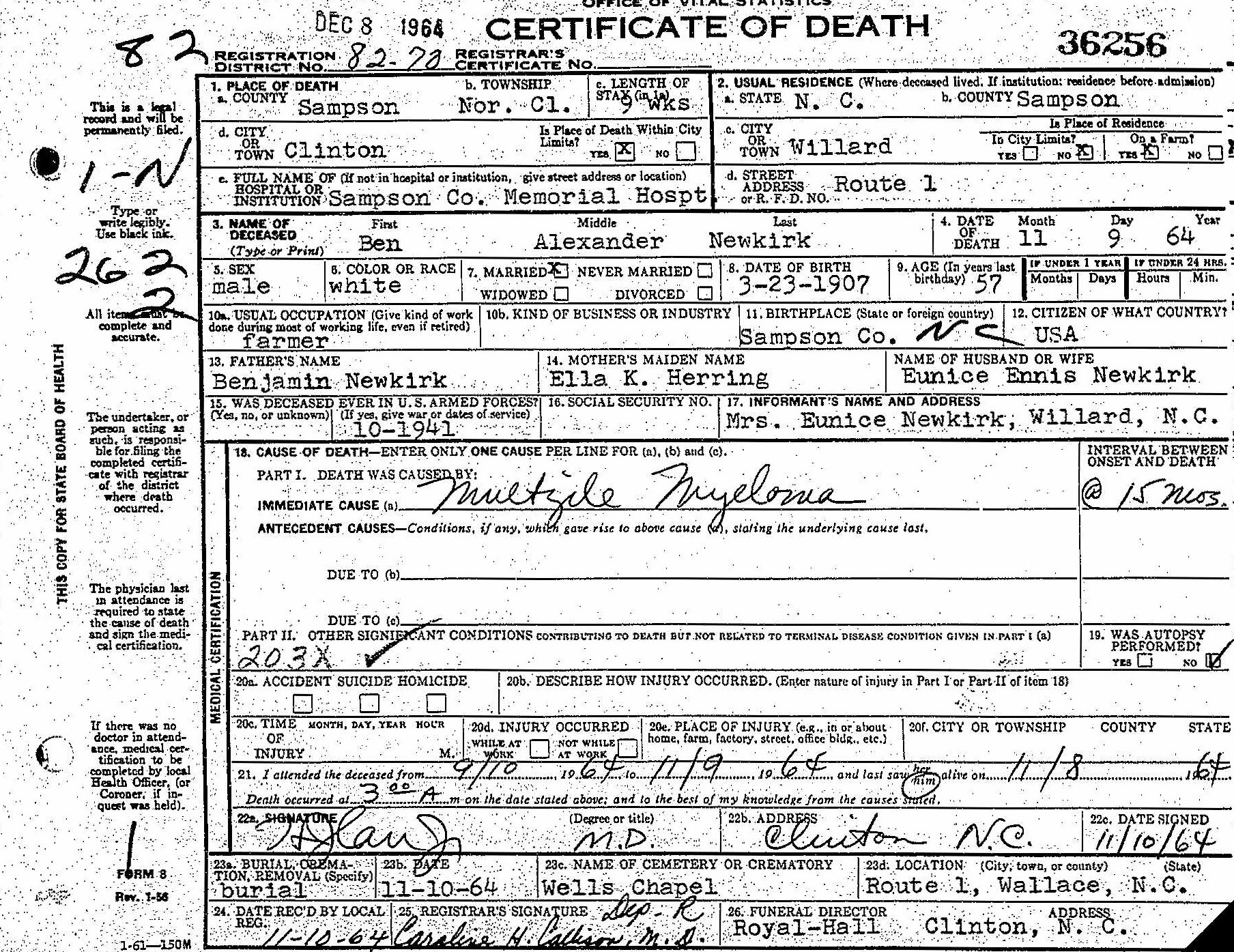 Benjamin Newkirk Death Certificate