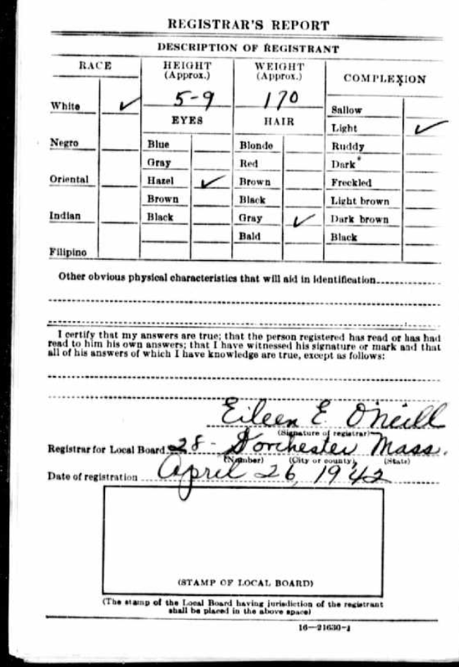 Patrick James Hehir jr--U.S., World War II Draft Registration Cards, 1942 back