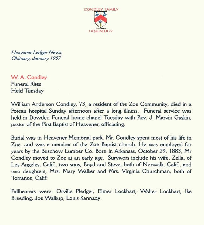 Wm Anderson Condley Obituary