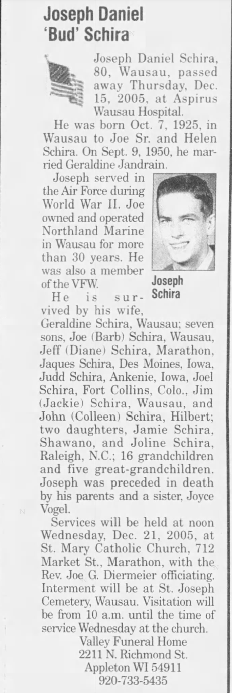 Joseph Daniel "Bud" Schira Obituary