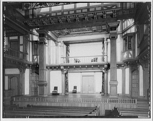 Folger Library interiors. Stage of theater at Folger...