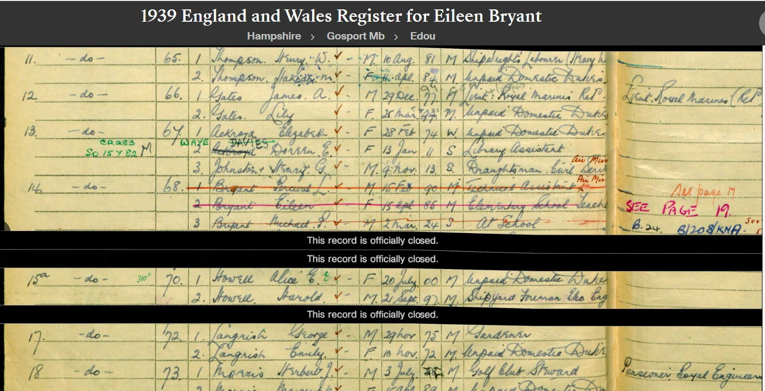 Eileen "Eily" (Hehir) Bryant --1939 England and Wales Register
