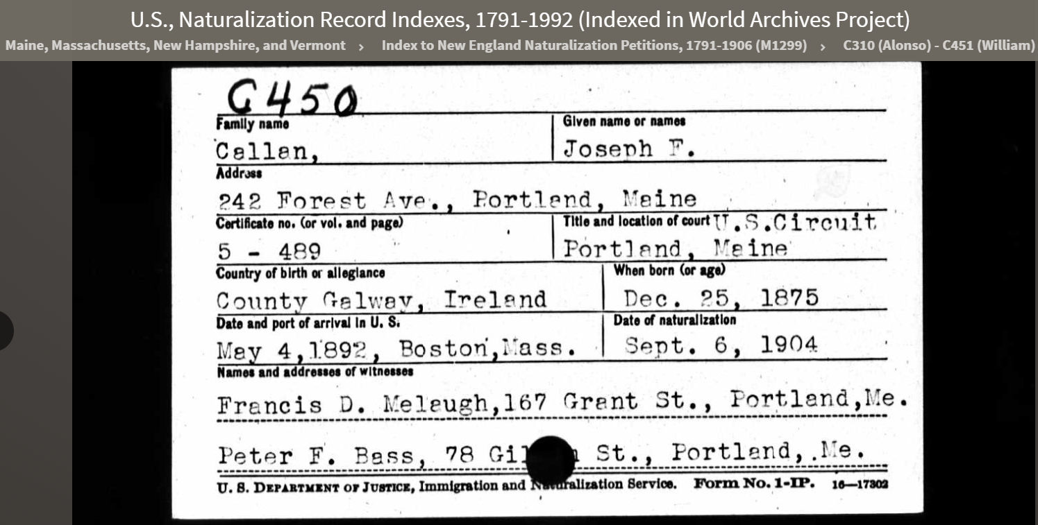 Joseph Francis Callan--Maine, Massachusetts, New Hampshire, and Vermont Index to New England Naturalization Petitions, 1791-1906 (M1299) C310 (Alonso) - C451 (William)