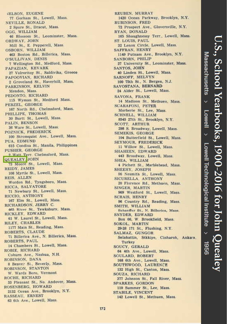 John Francis Quealey--U.S., School Yearbooks, 1900-2016(1956)