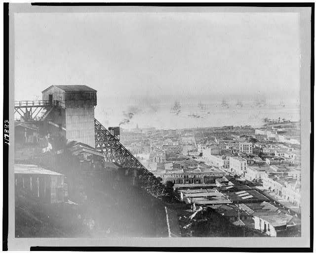 [Aerial view of Valparaíso, Chile, with cable railway on...