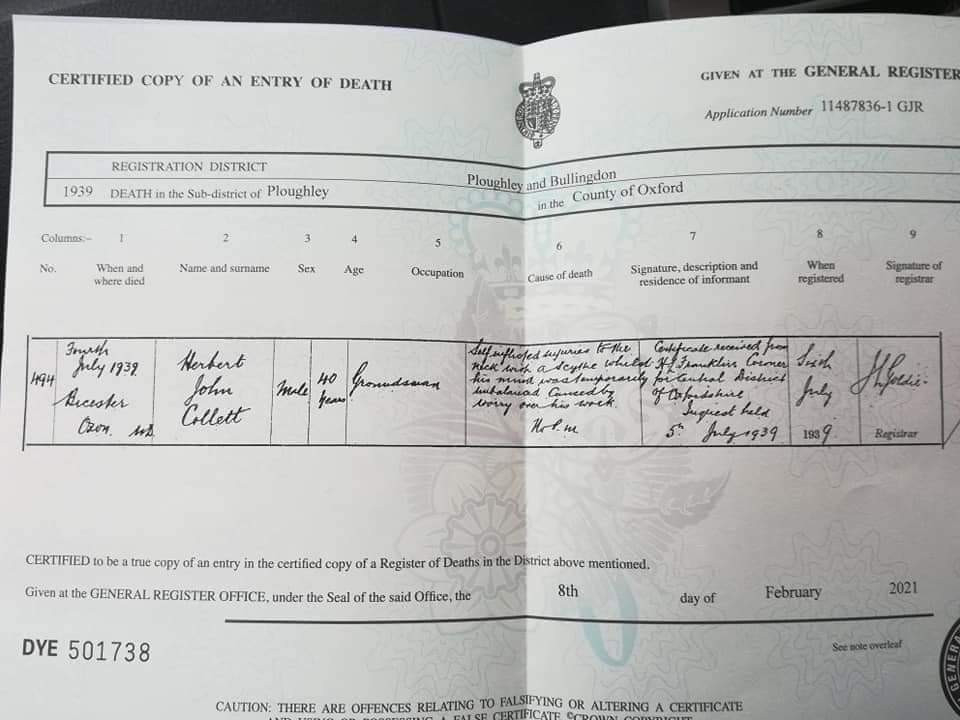 Herbert John Collett death certificate 1939