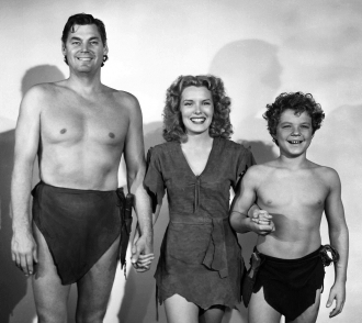 Johnny Weissmuller and Brenda Joyce and Johnny Sheffield.