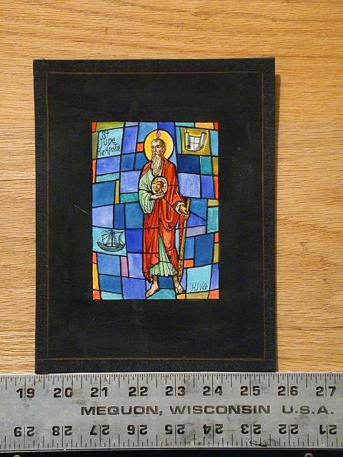 [Design drawing for stained glass window with text "St....