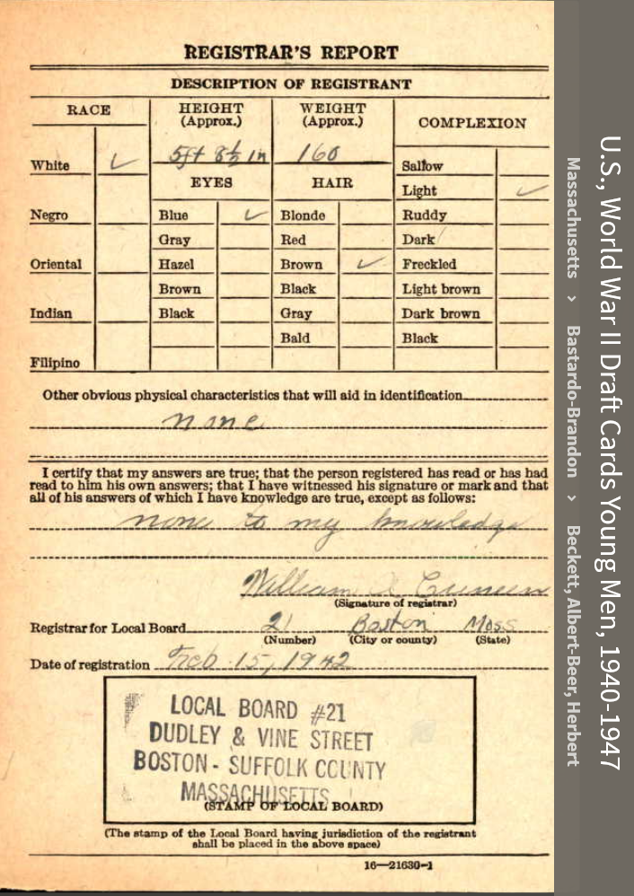 John Francis -Jack- Beecher--U.S., World War II Draft Cards Young Men, 1940-1947(15 feb1942)back