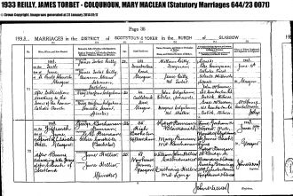 James Torbet Reilly wedding certificate