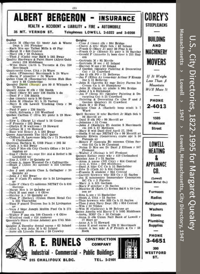 Margaret E. (Hehir) Quealey--U.S., City Directories, 1822-1995(1947)