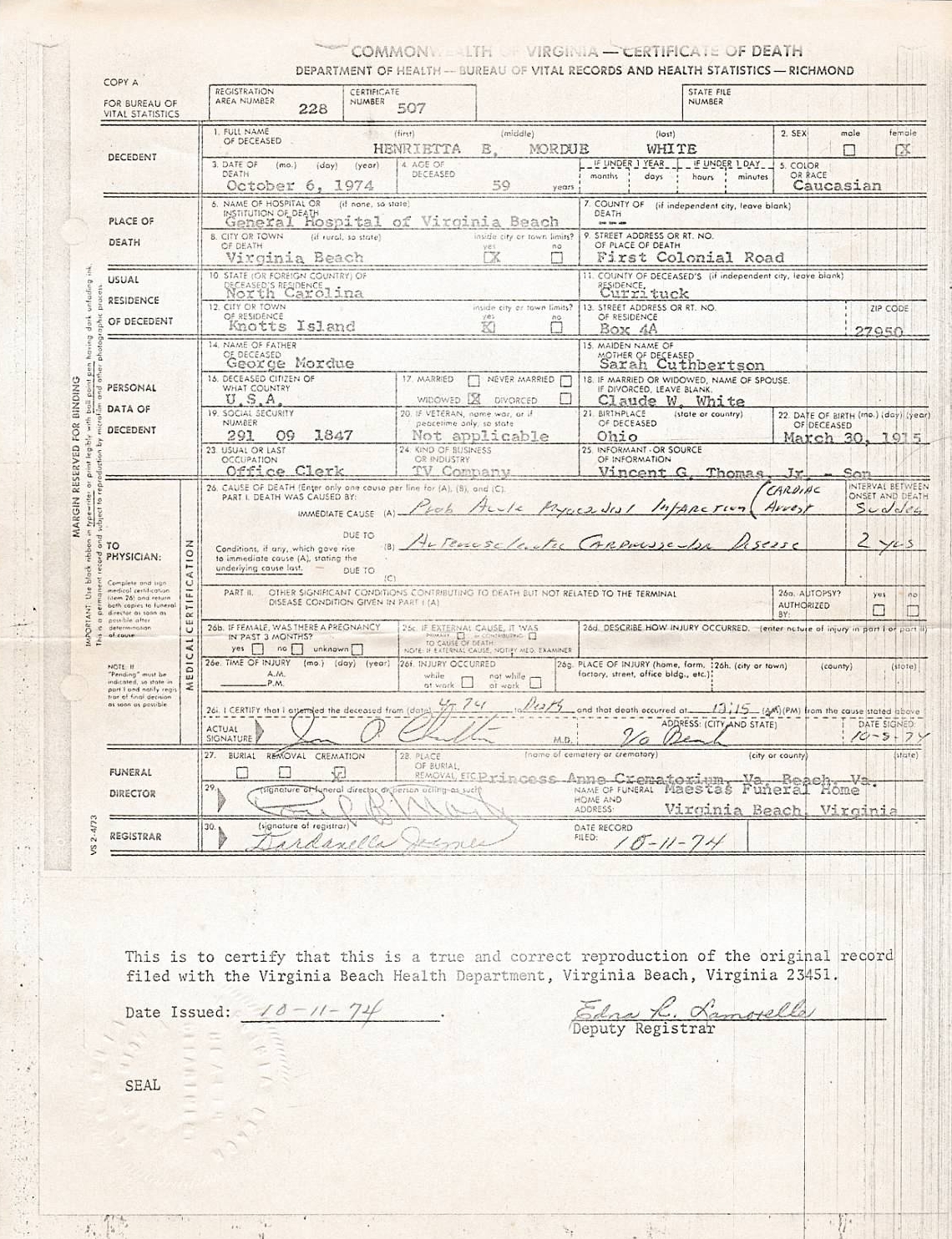 Henrietta E. Mordue death certificate