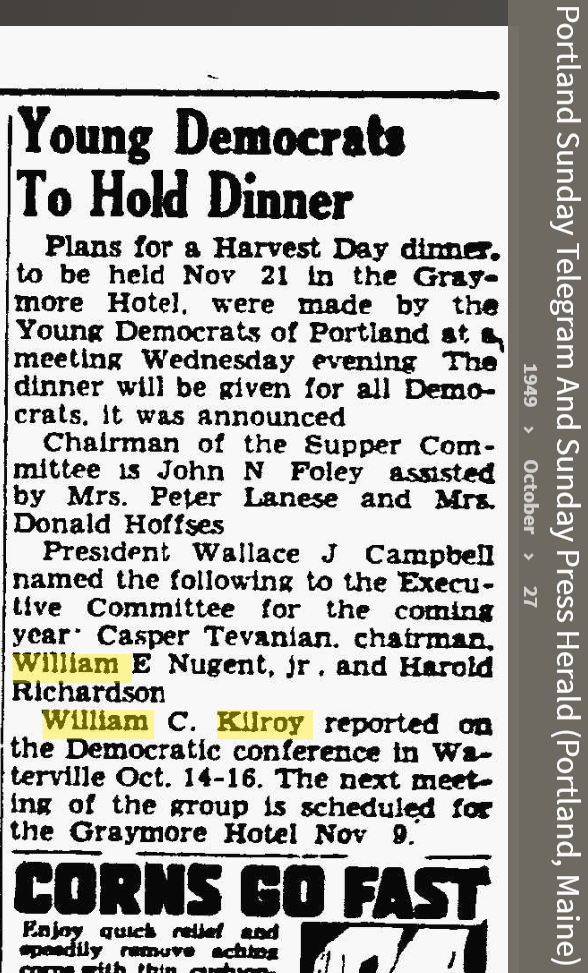 William Carrol Kilroy--Portland Press Herald (Portland, Maine)(27 Oct 1949)