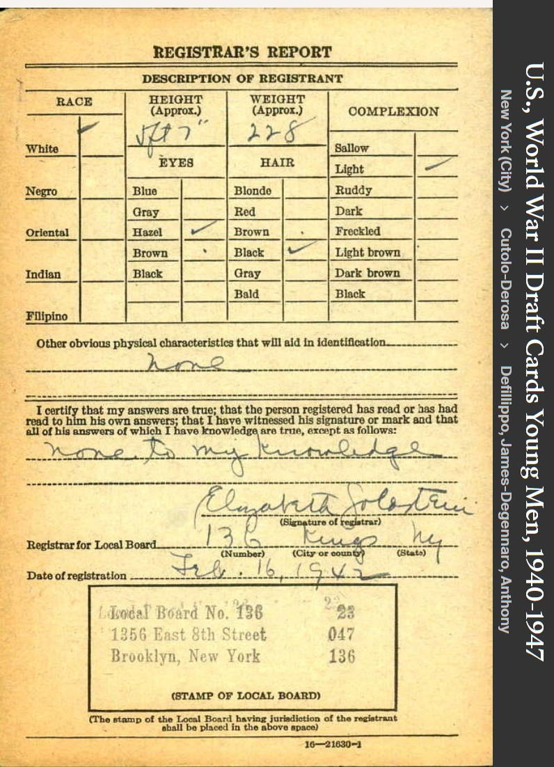 Anthony Frank Defronzo Sr --U.S., World War II Draft Cards Young Men, 1940-1947 back