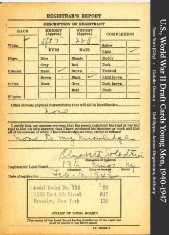 Anthony Frank Defronzo Sr --U.S., World War II Draft Cards Young Men, 1940-1947 back