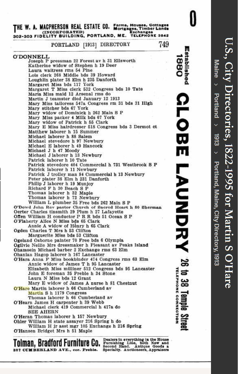 Martin Scanlan O'Hare--U.S., City Directories, 1822-1995(1913)