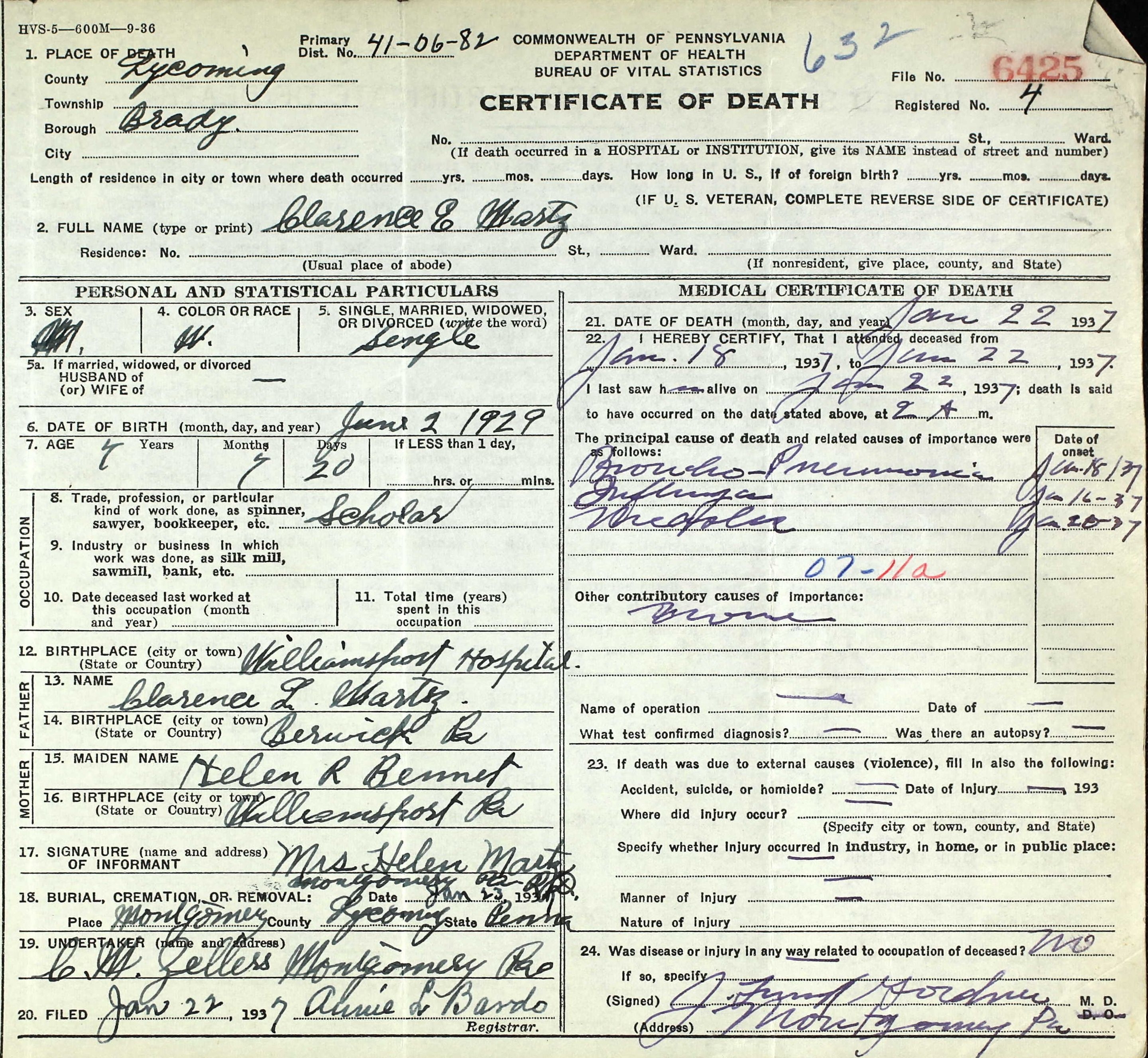 Clarence Eugene Martz death certificate