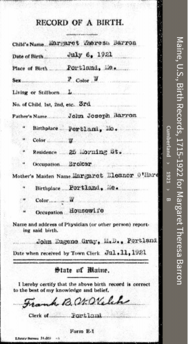 Margaret Theresa Barron--Maine, U.S., Birth Records, 1715-1922(1921)