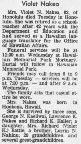 Violet Nakea's Obituary - Honolulu Star-Bulletin 
