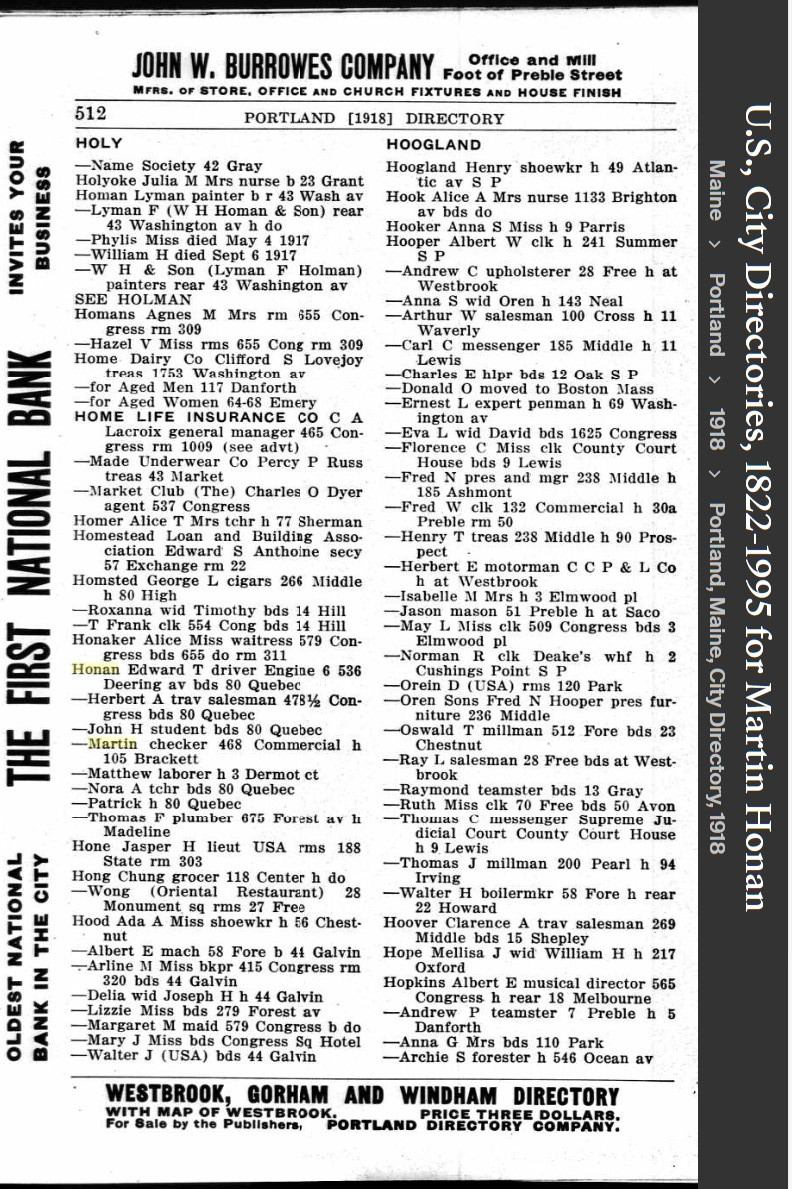 Martin Matthew Honan  Sr--U.S., City Directories, 1822-1995(1918)