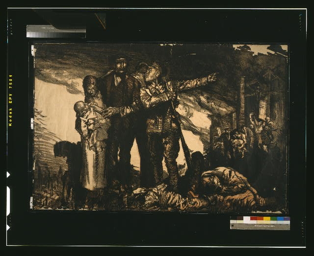 [Soldier giving direction to a family, amid chaos and...