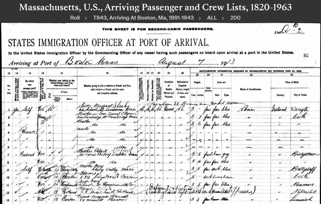 Thomas Michael Brogan --Massachusetts, U.S., Arriving Passenger and Crew Lists, 1820-1963 (30 jul1913) pg2