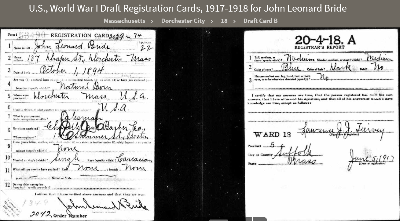 John Leonard Bride--U.S., World War I Draft Registration Cards, 1917-1918 (5 jun 1917)