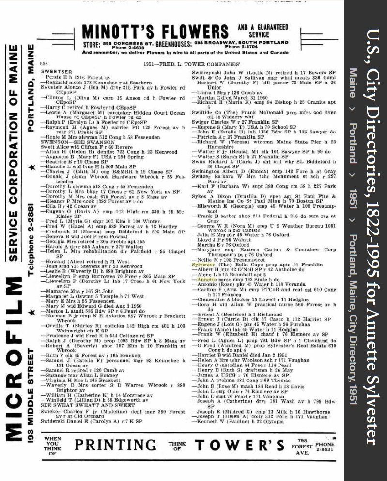 Marie Laurence "Annette" (Sylvestre) Honan --U.S., City Directories, 1822-1995(1951)