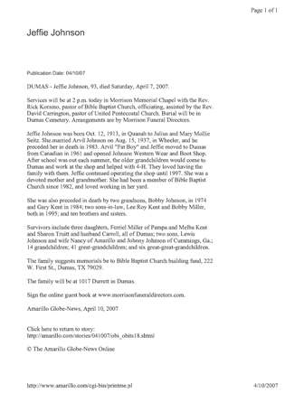 Obituary Jeffie Johnson