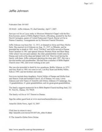 Obituary Jeffie Johnson